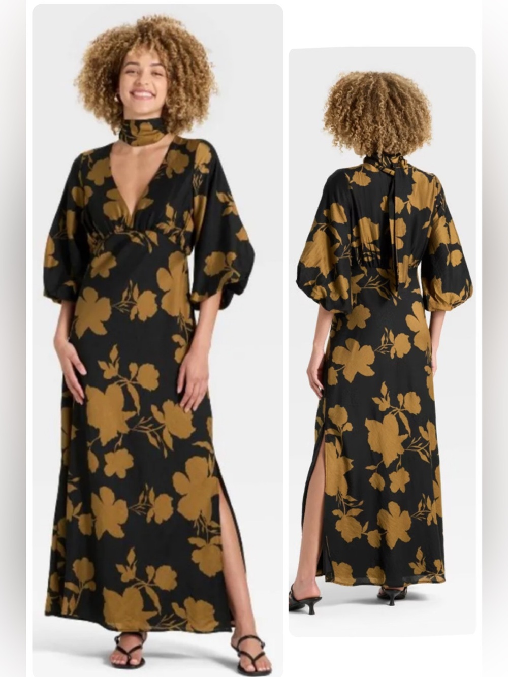 black gold floral Lyocell printed maxi dress tie neck balloon sleeve sz 1X NWT